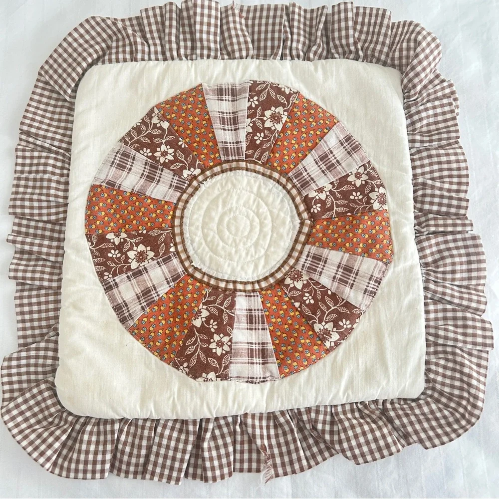 1970s Handmade Dresden Plate Quilted Pillow | Cottagecore Earth Tones